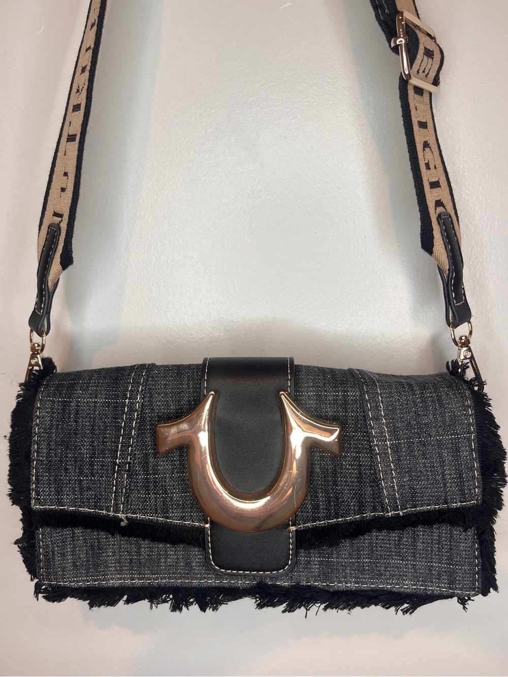 True Religion Frayed Denim Flap Crossbody Bag. - Picture 3 of 12
